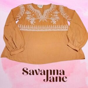 Savanna Jane Boho Embroidered Peasant Blouse L/s Tunic Notched V-neck Marigold S